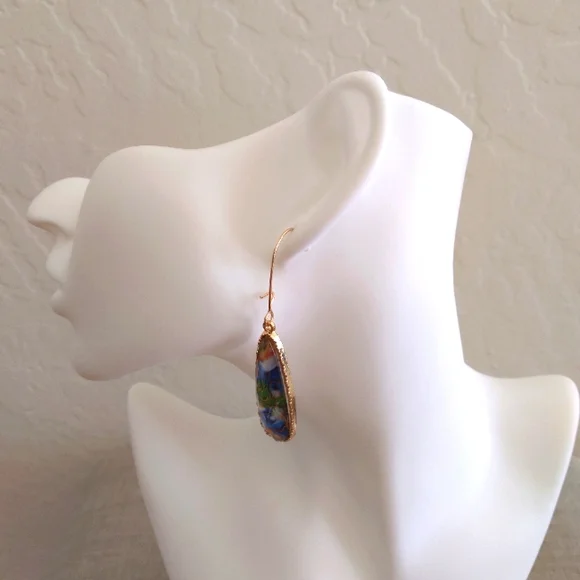 #6 New! 18k Gold Plated Marbled Stone Dangle Earrings - Picture 5 of 10